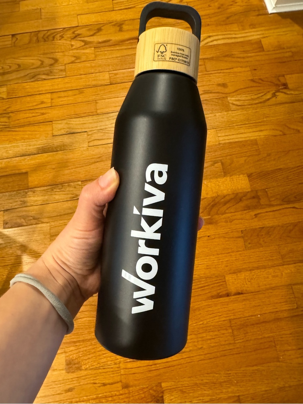 Workiva Matte Black Aluminum Water Bottle with Bamboo Lid. BPA free.